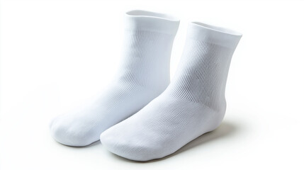 A pair of bright white socks neatly laid flat on a clean white background, forming a soft L-shape.
