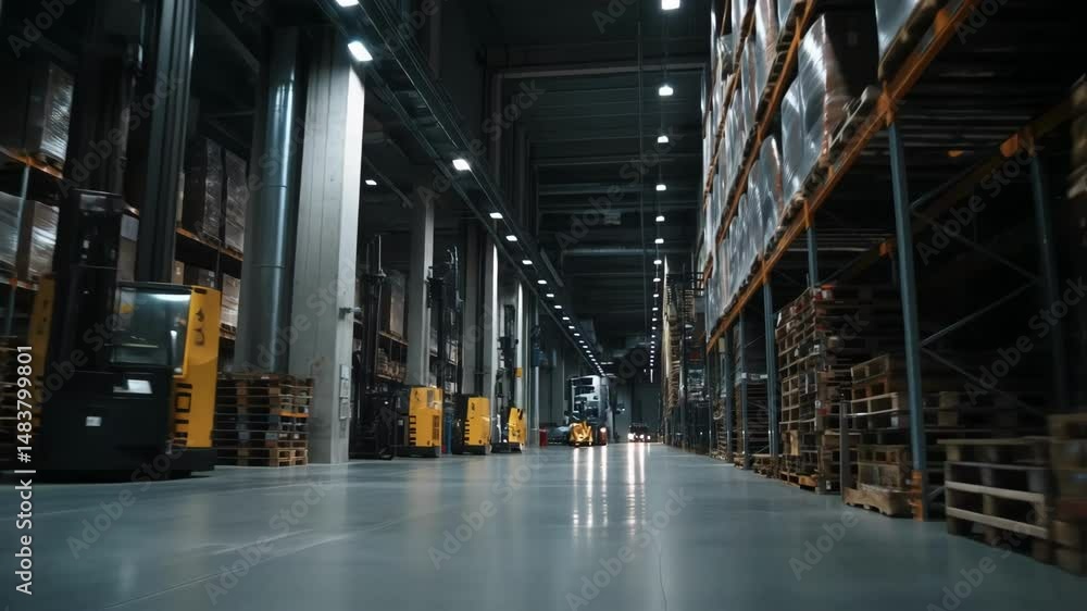 Poster a warehouse filled with autonomous vehicles and robotic arms efficiently managing inventory and logi