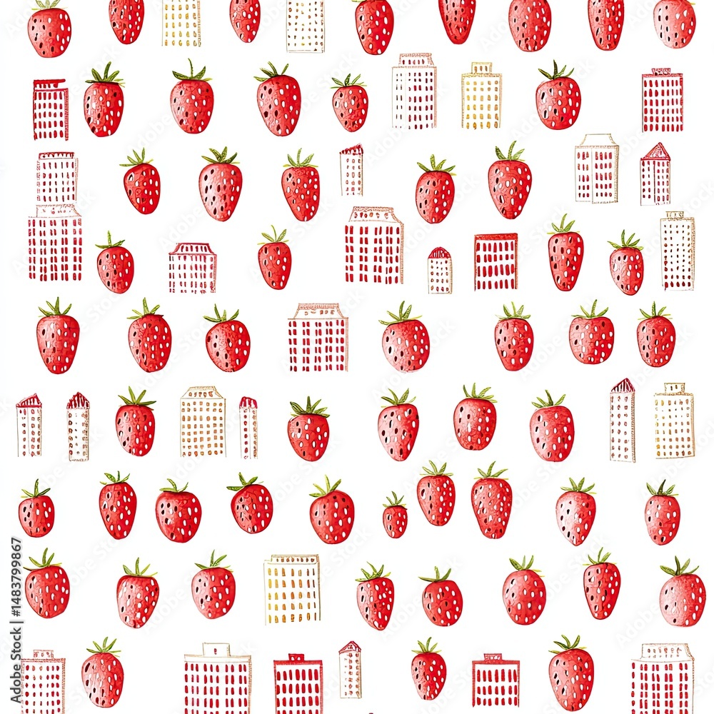 Poster strawberry-and-building pattern