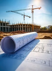 Construction Site with Blueprints and Cranes