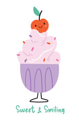 Cute smiling cherry on top of a pink whipped dessert with sprinkles in a purple cup, a 