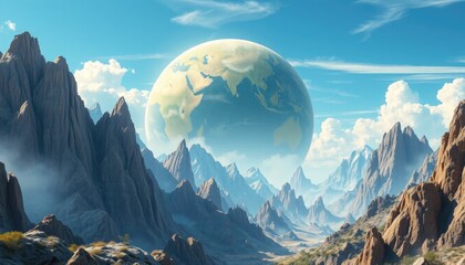 Surreal mountain landscape with visible earth, digital art concept
