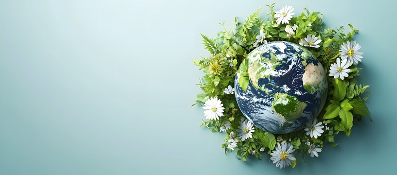 Earth globe covered with lush green plants against a white background, symbolizing environmental conservation, sustainability, and nature's growth