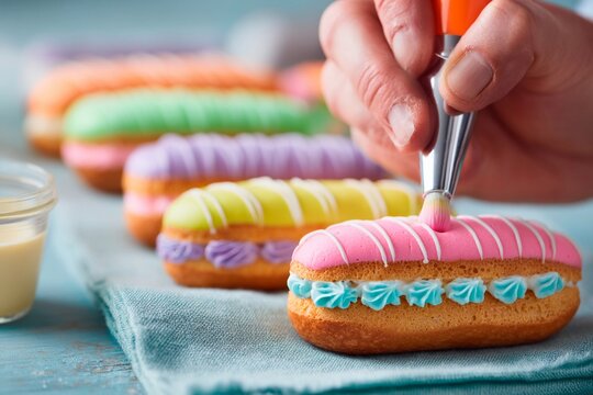 A vibrant array of pastries is being artistically decorated with colorful icing. The hands of a baker skillfully apply finishing touches while a container of icing sits nearby
