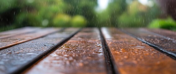 Wooden surface during rainfall nature scene water droplets and lush foliage