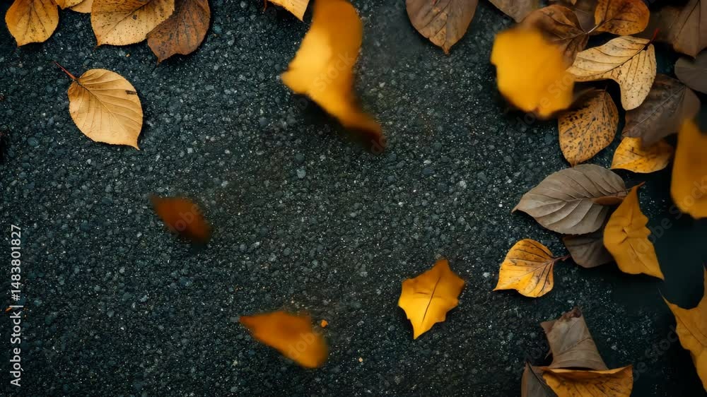 Poster a black background with a few leaves scattered around it. the leaves are brown and yellow, and they 