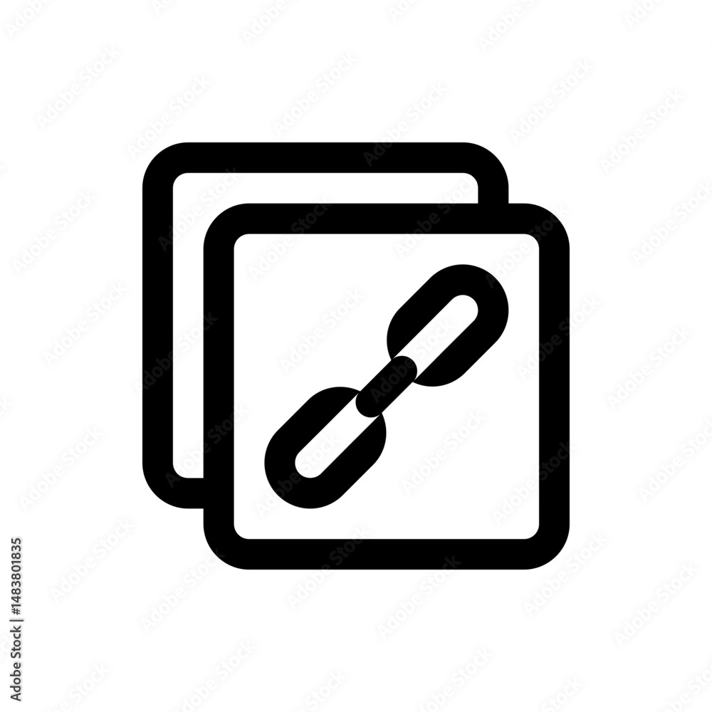 Poster black and white icon of two overlapping squares with rounded corners and a chain link symbol inside 
