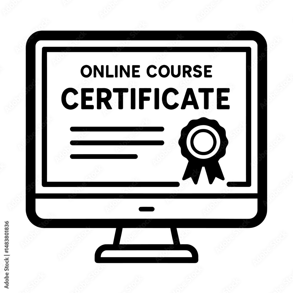 Poster black outline online course certificate. graphic element vector icon representing e-certificate or a
