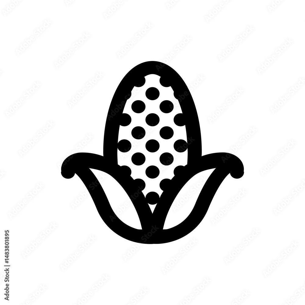 Poster an illustration of a corn cob with kernels and leaves in a simple black outline on a white backgroun