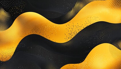 Abstract yellow and black flowing shapes with wave-like patterns and glossy textures
