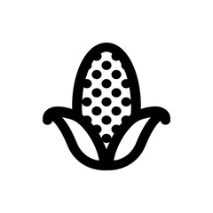 An illustration of a corn cob with kernels and leaves in a simple black outline on a white background