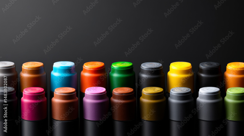 Poster colorful paint jars arranged in a row on a dark background for artistic use.