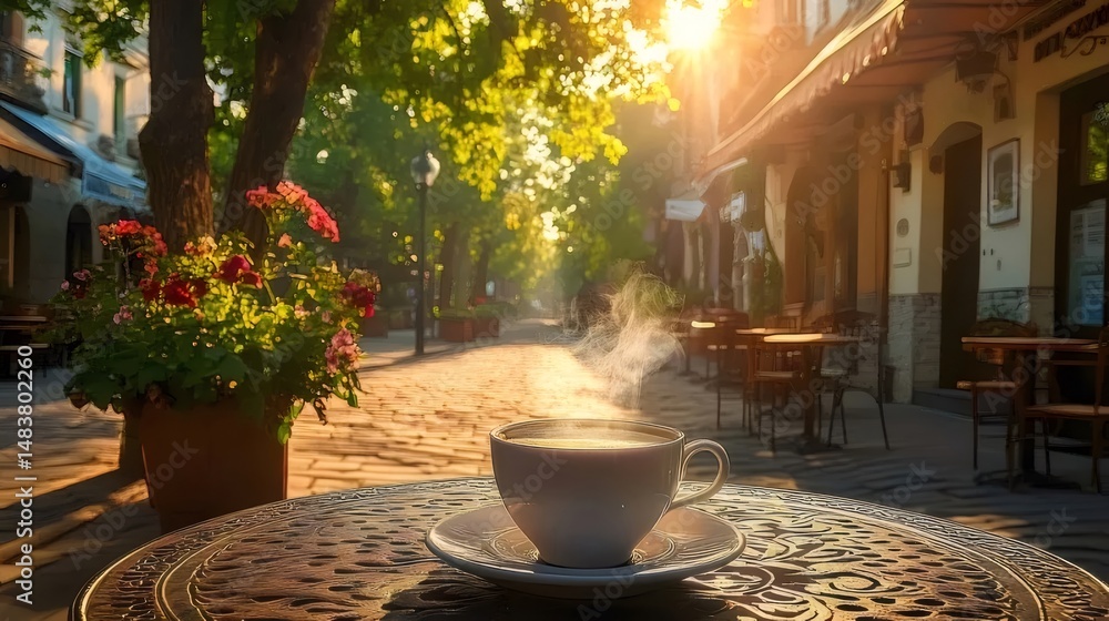 Poster ヨーロッパの通りのカフェで朝日に照らされたコーヒーと花 街並みと朝の光が醸し出す穏やかな雰囲気