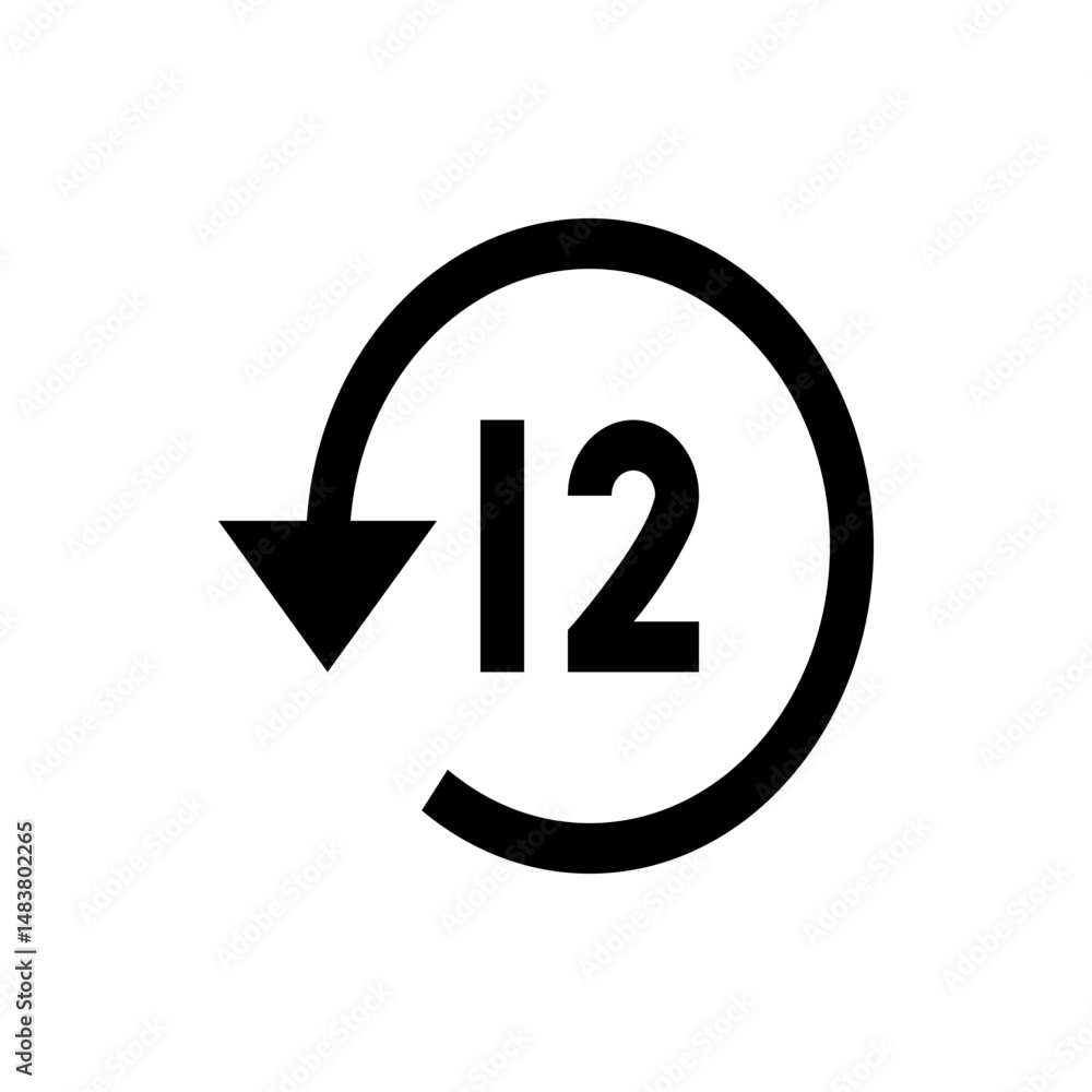 Poster black circular arrow pointing down surrounding the number twelve indicating a time related process o