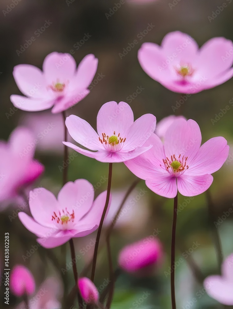 Poster 淡いピンクの花びらを持つ繊細なアネモネの花のクローズアップ 春の自然の中で咲くボタニカルビューティー