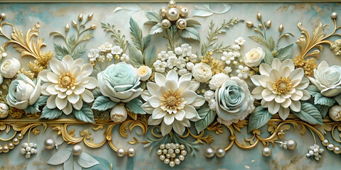 Luxurious Floral Arrangement with White and Blue Blooms, Gold Embellishments, and Pearls on Soft Teal