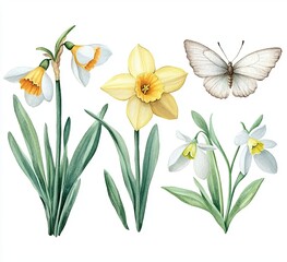 Naklejka premium Spring floral illustration featuring daffodils, snowdrops, and a butterfly. Detailed botanical representation of flowers and foliage in soft watercolor style, showcasing vibrant whites and yellows