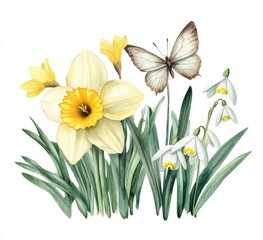 Fototapeta premium Delicate spring blossoms, a butterfly amongst vibrant greenery. Soft yellow and white daffodils, delicate snowdrops, and a graceful butterfly flutter among lush grass