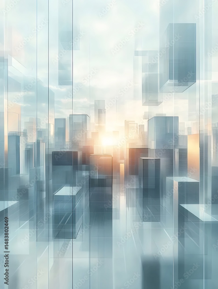 Poster 透明な幾何学的都市構造の抽象的な3dレンダリング 未来的なデザインの青と白の建築背景に光の効果