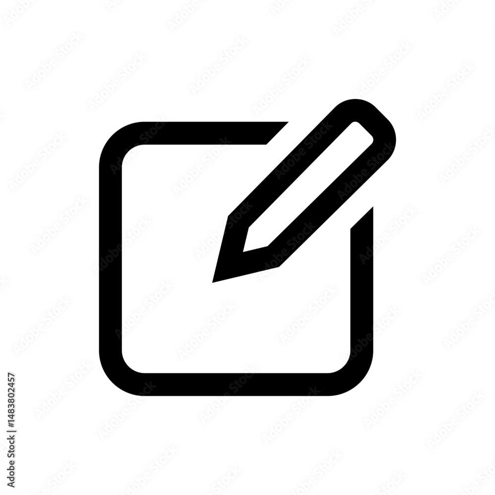Poster a simple black and white icon showing a square with rounded corners and a pencil writing on the squa