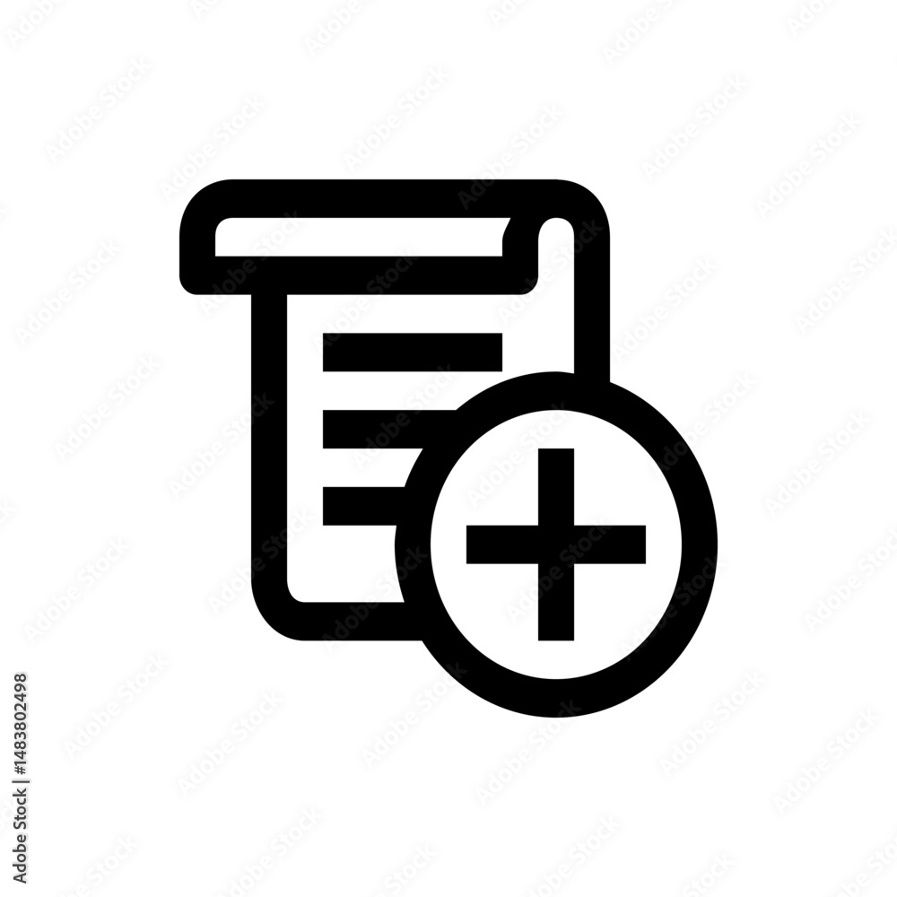 Poster black and white icon showing a document with three lines and a plus sign inside a circle on the righ