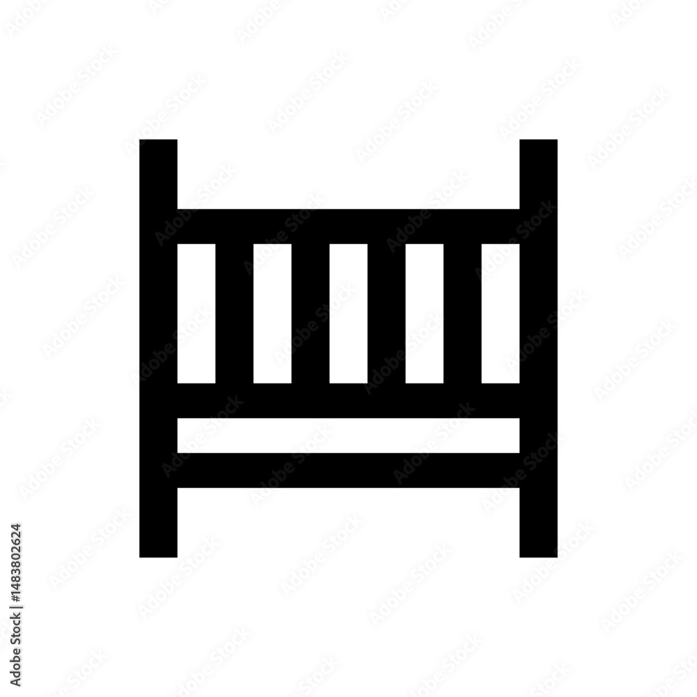 Poster illustration of a simple black crib with vertical bars and horizontal support structures design elem