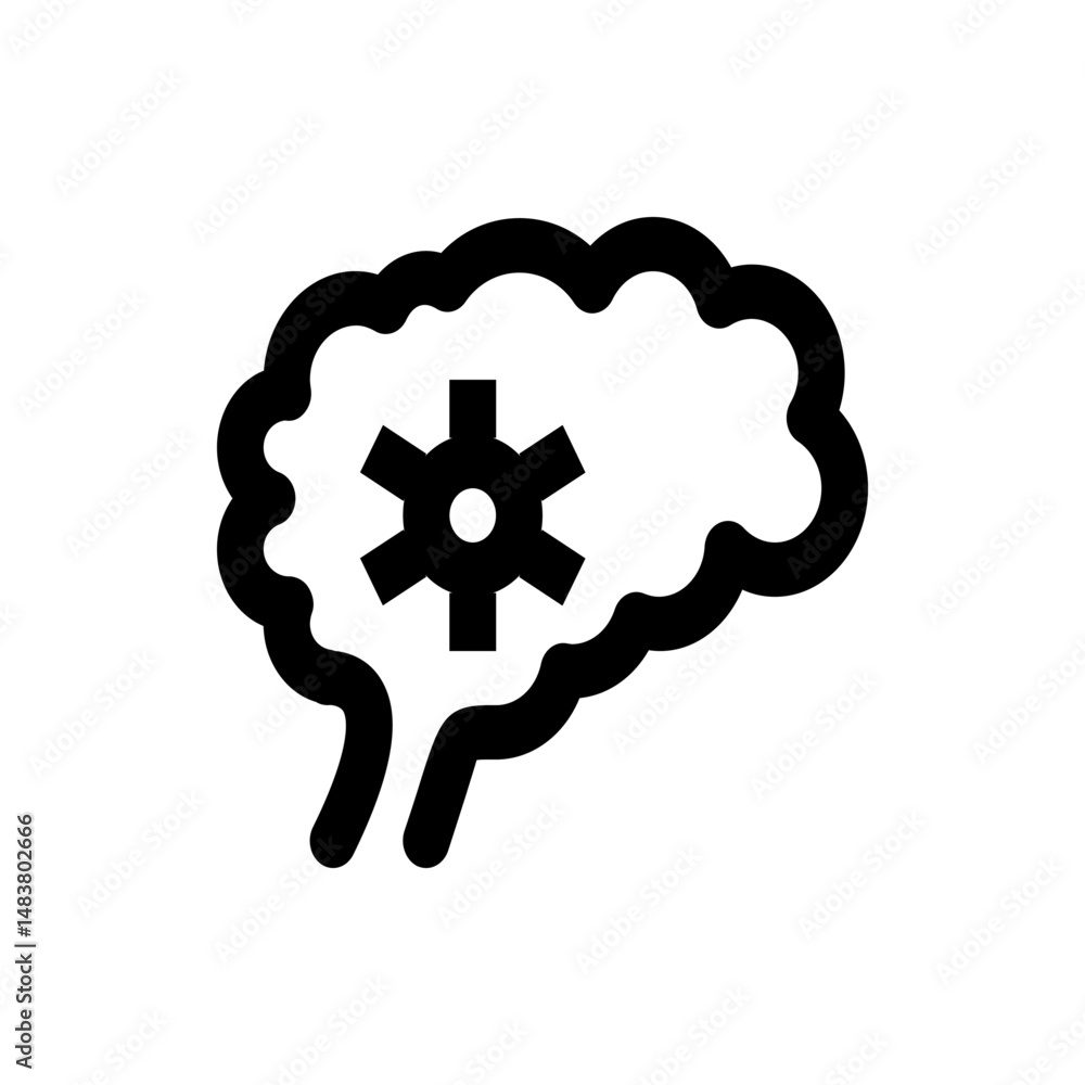Poster stylized brain outline with a gear icon inside symbolizing cognitive processes and mechanical functi