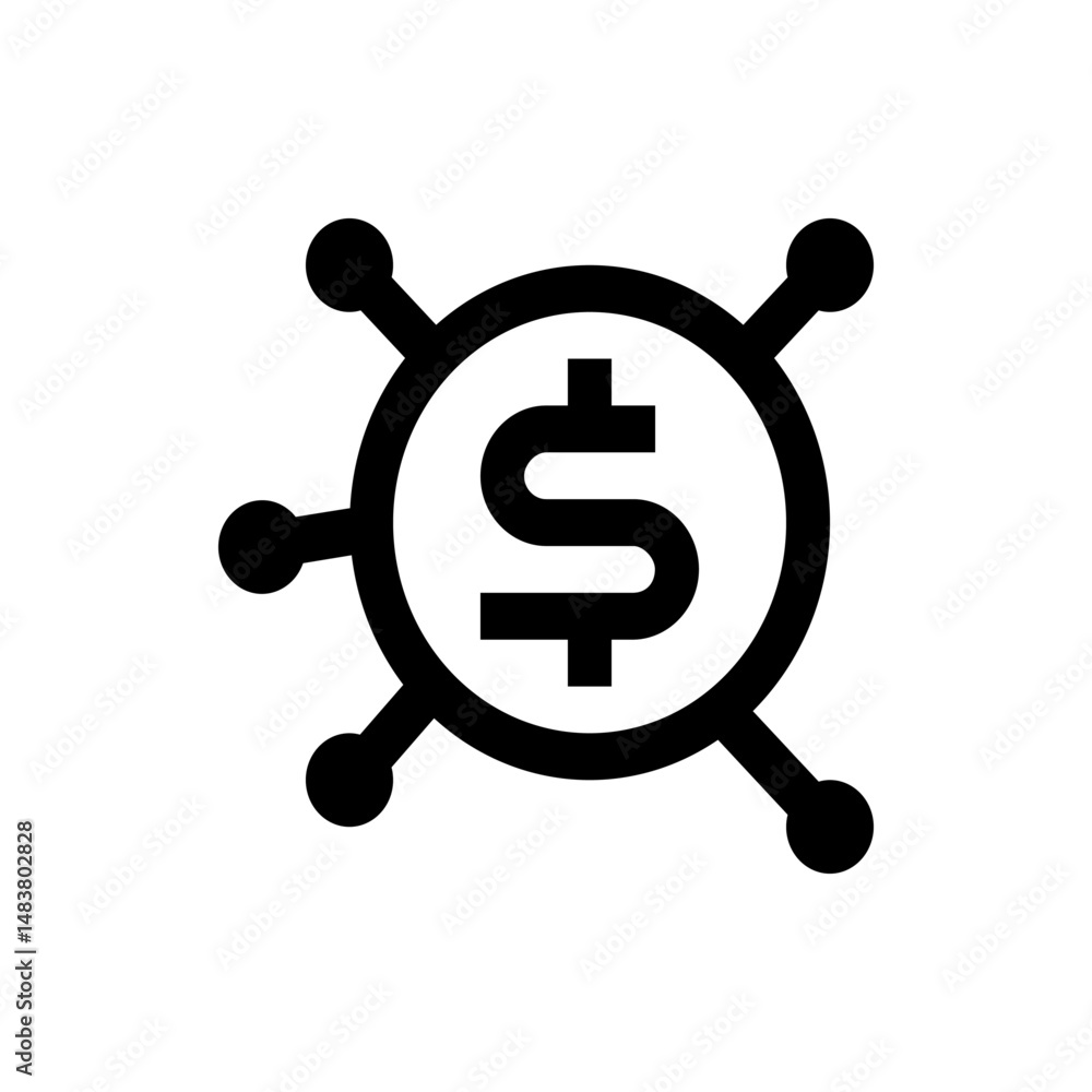 Aufkleber illustration of a dollar sign inside a circle with lines connecting it to smaller circles around it