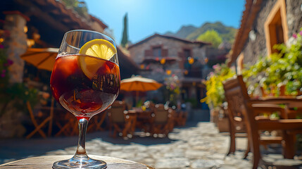 A chilled glass of Tinto de Verano, Summer Red Wine Spritzer, with red wine and lemon soda, garnished with a slice of lemon