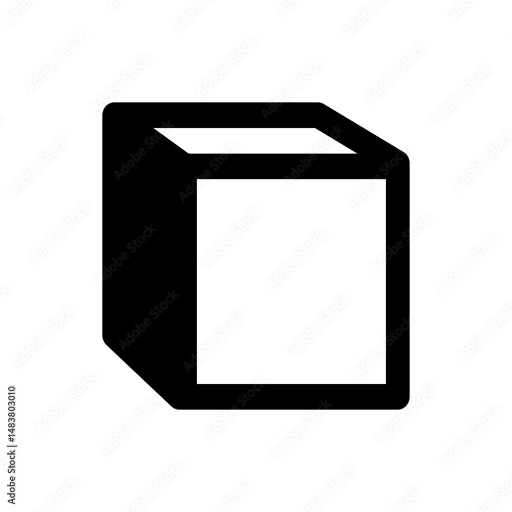Poster illustration of a simple black and white cube with rounded edges and a hollow top section design ele