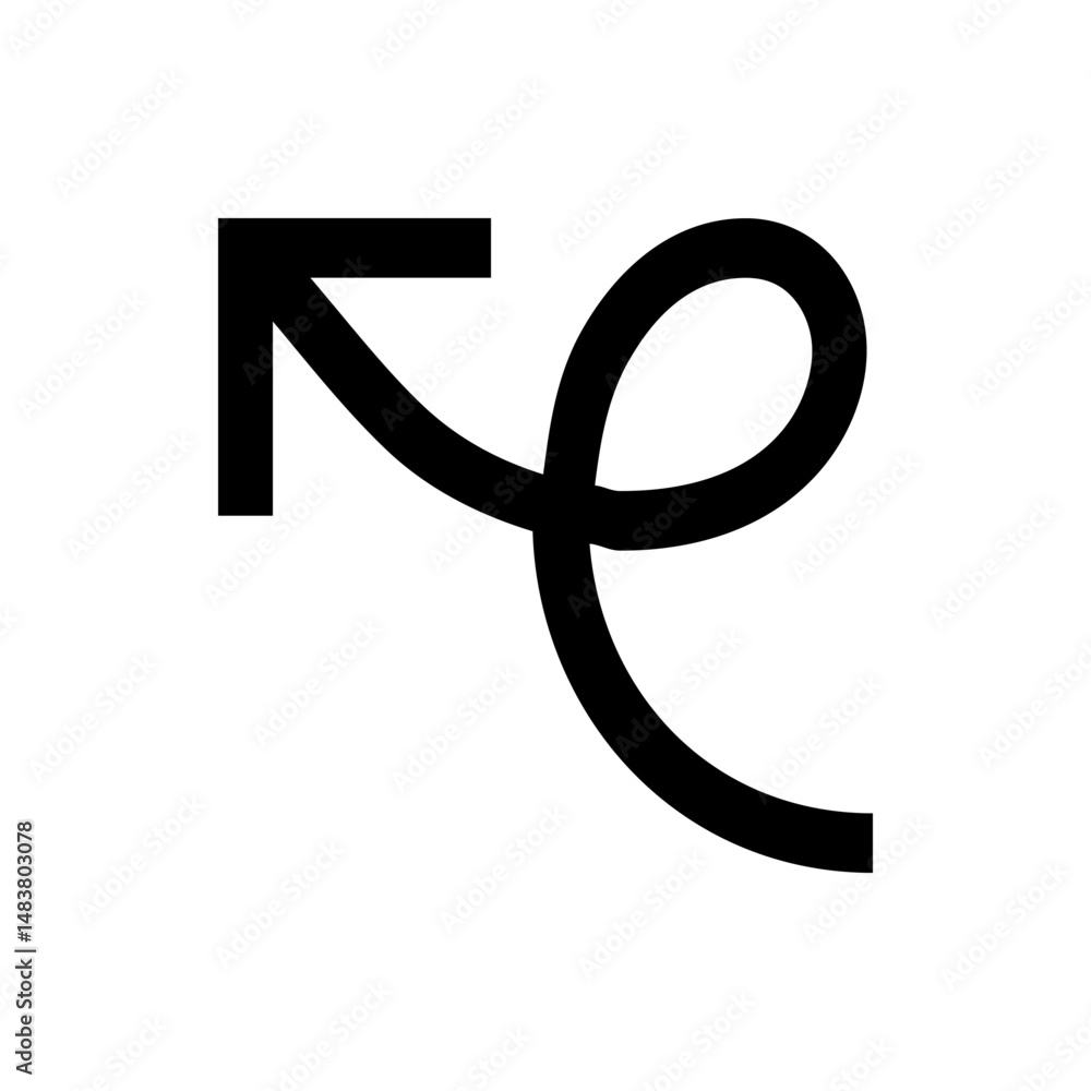 Poster a black arrow with a curved and looped tail pointing to the left on a white background design elemen