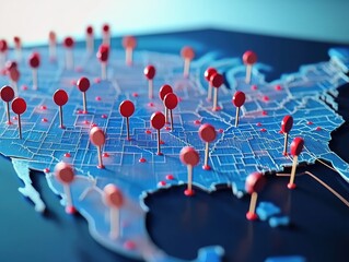 Map of the United States with Pinpoint Locations