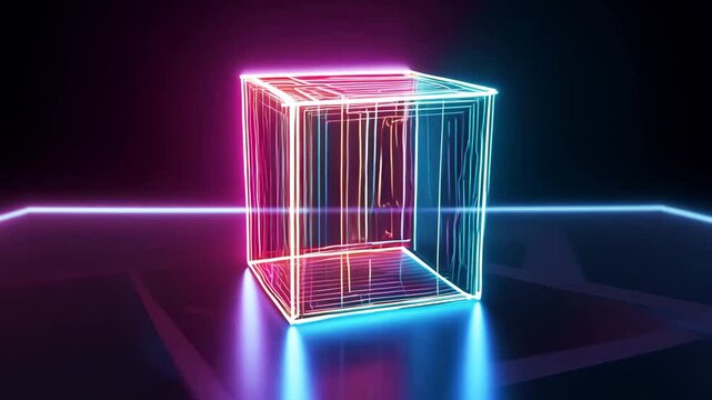 Dynamic wireframe cube in neon