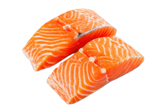 Two salmon fillets isolated on transparent background, ready for cooking