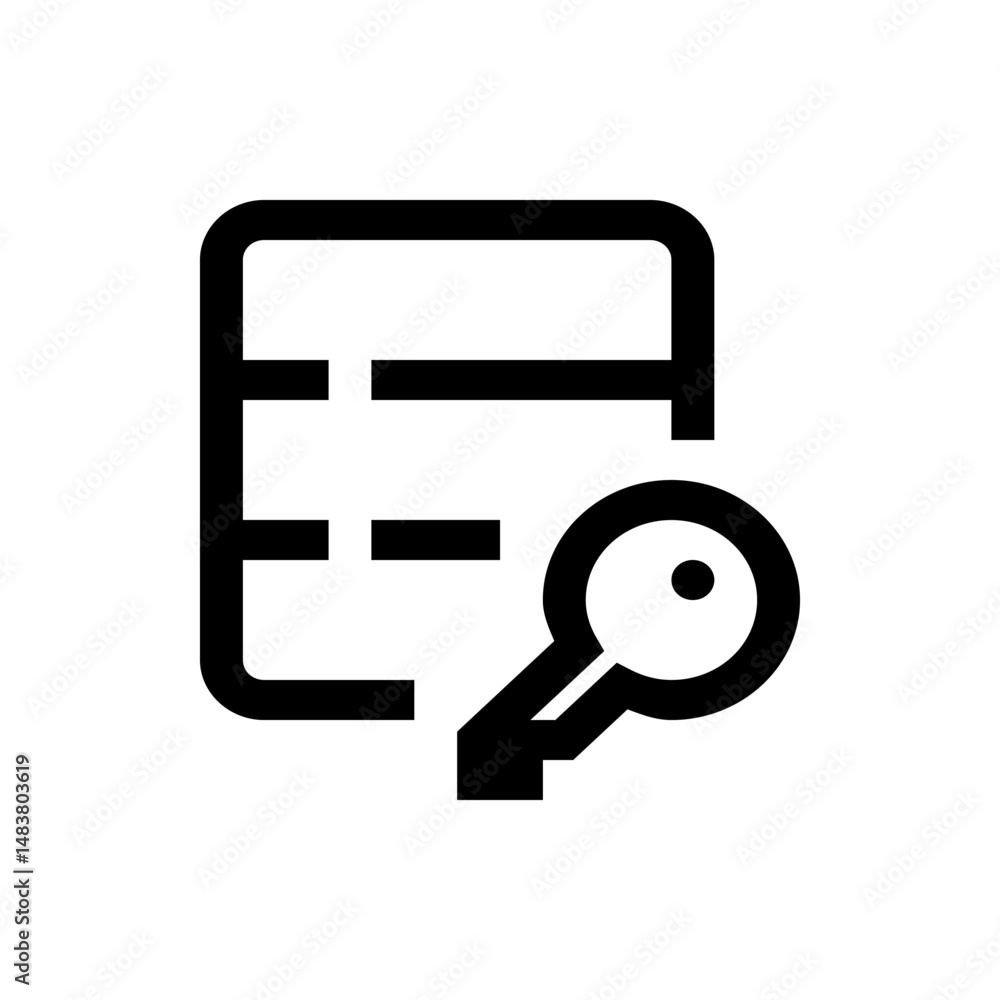 Poster black outline of a database icon with horizontal lines and a key icon on the lower right corner desi