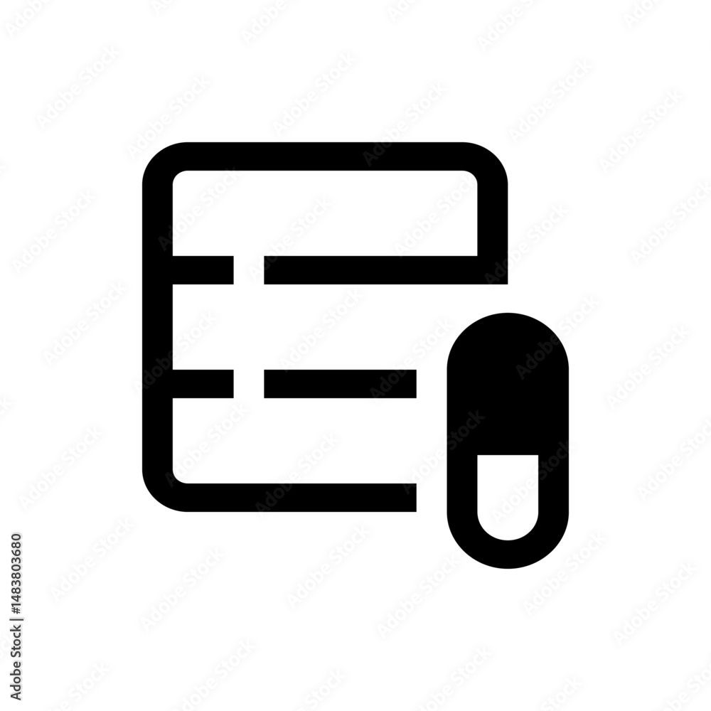 Poster a minimalist black and white icon depicting a pill next to a document with three lines of text on it