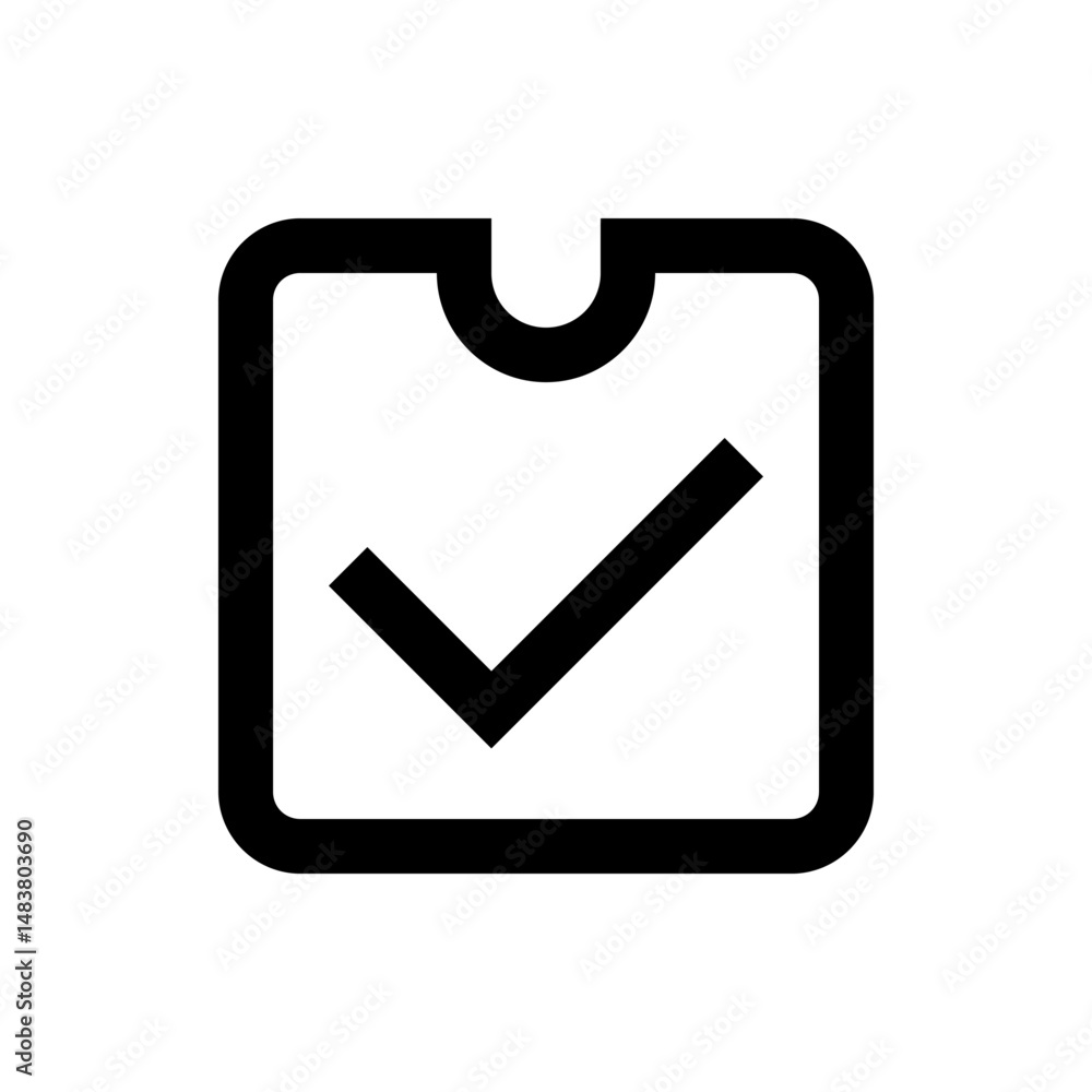 Poster black and white simple graphic of a check mark inside a square with rounded corners and a top notch 
