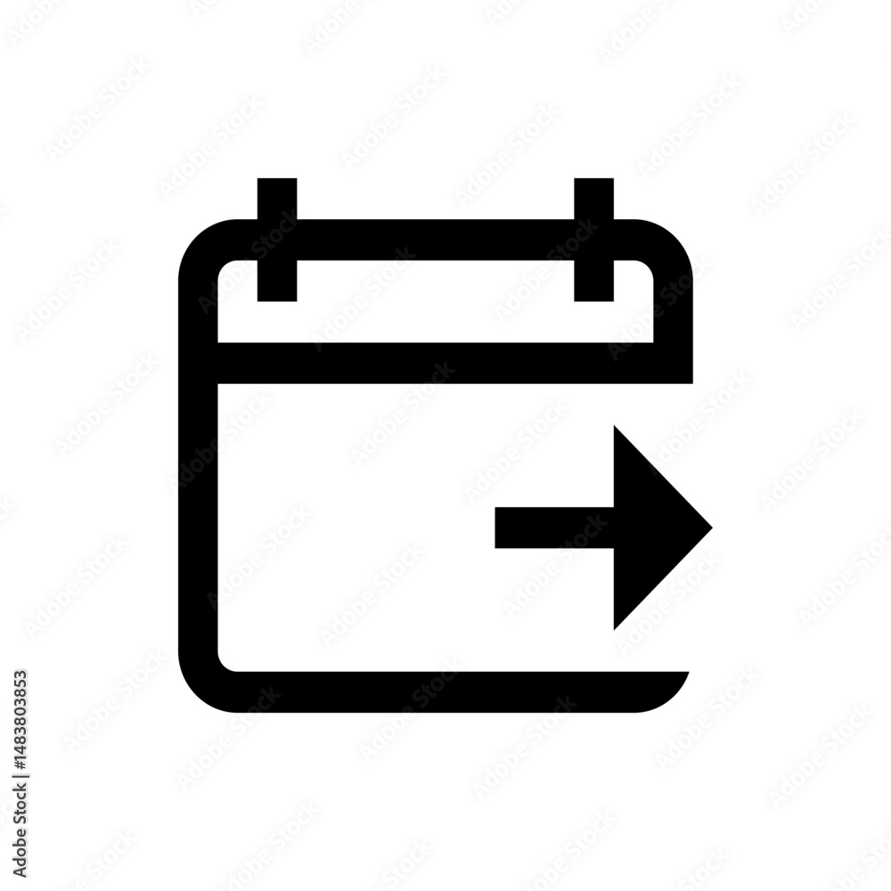 Poster black outline of a calendar icon with an arrow pointing to the right on a white background design ic