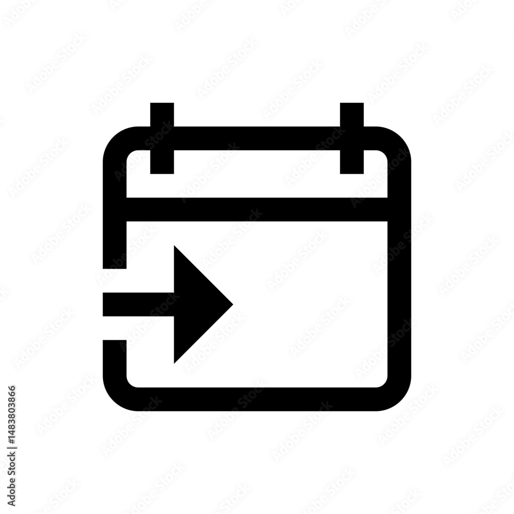 Poster black calendar icon with a right arrow indicating moving or scheduling an event, isolated on white b