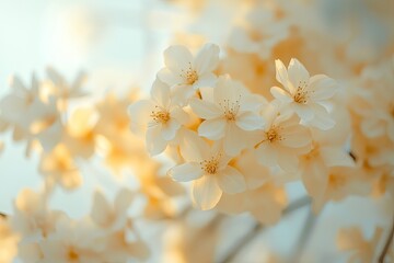 Soft focus of delicate, pale yellow blossoms