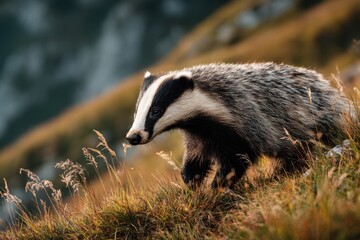 Obraz premium European badger walking through grassy slope with soft evening light and natural surroundings
