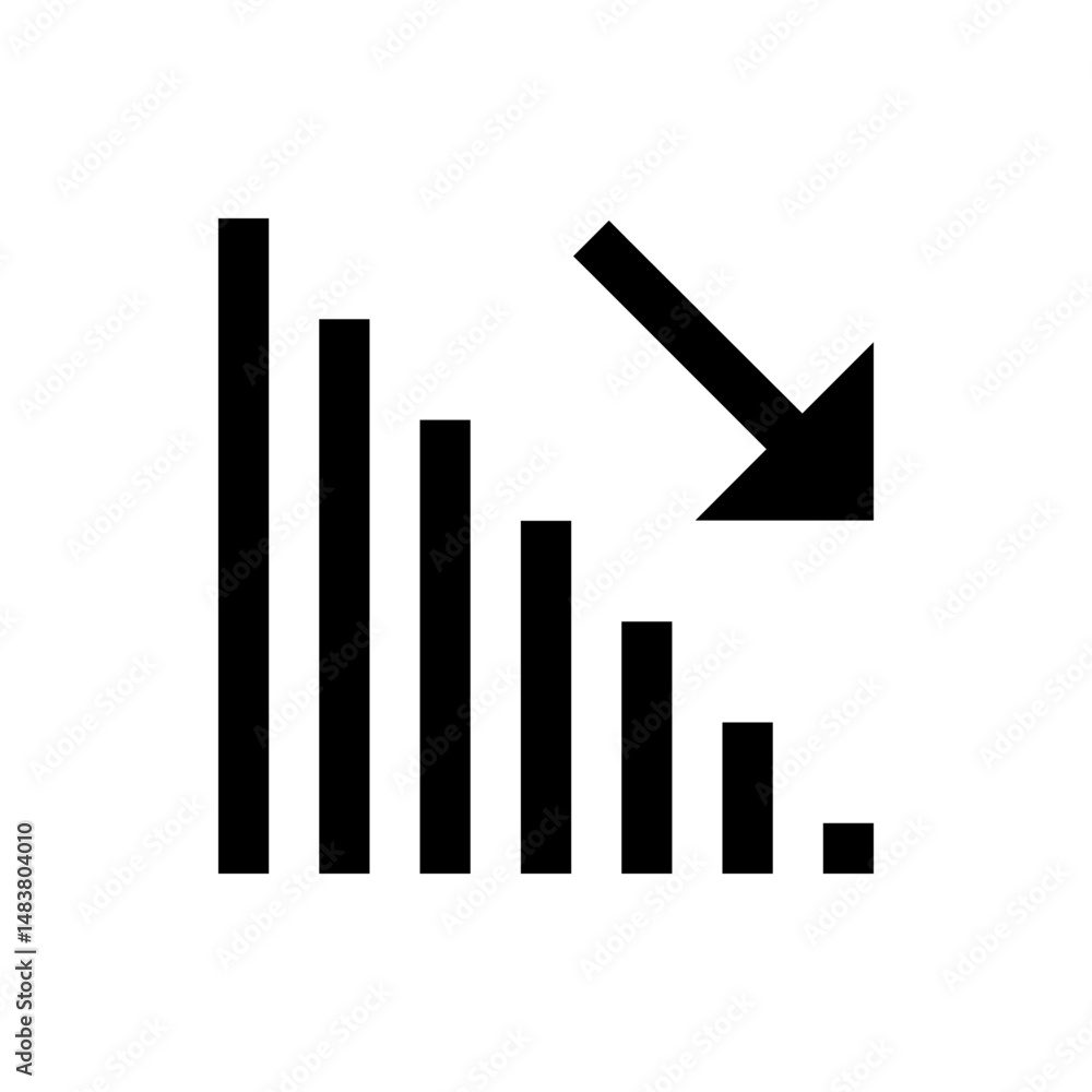 Poster decreasing bar graph with downward pointing arrow indicating a decline or negative trend in data sho