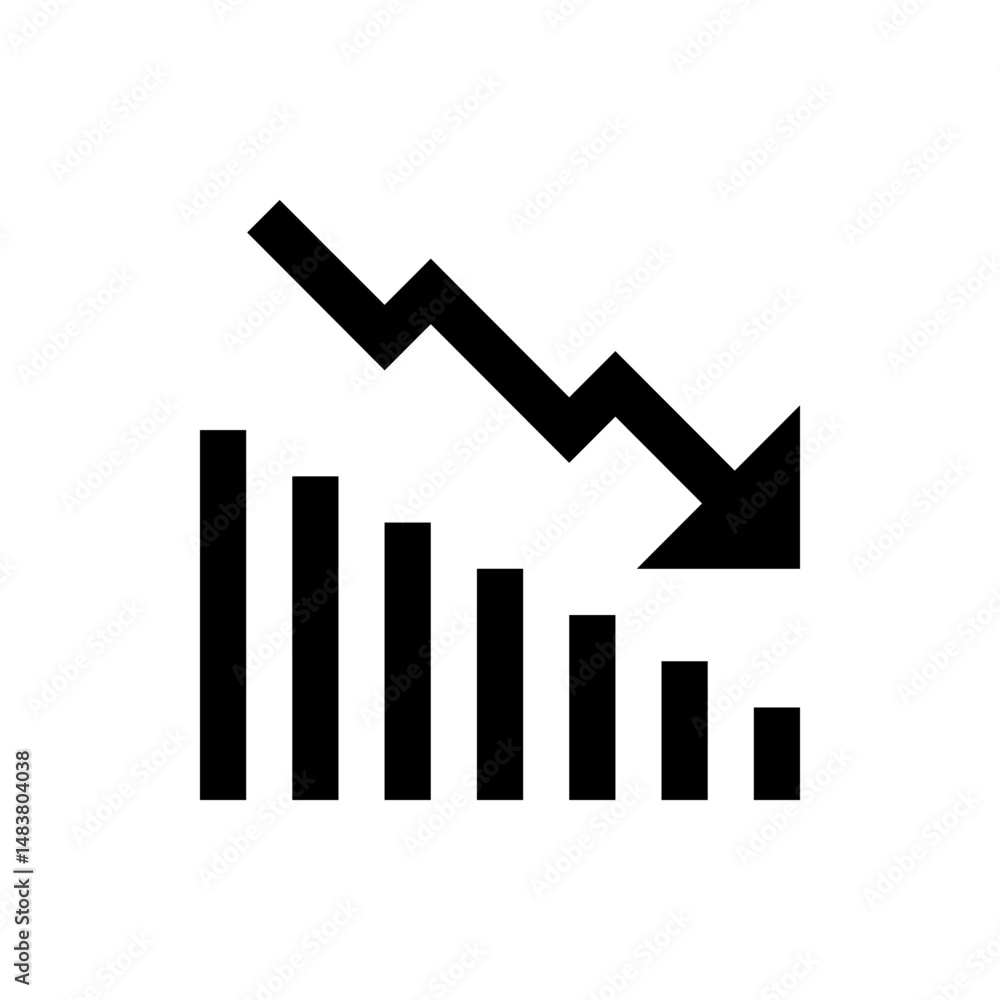 Poster declining bar graph with a downward arrow indicating a negative trend in black on a white background