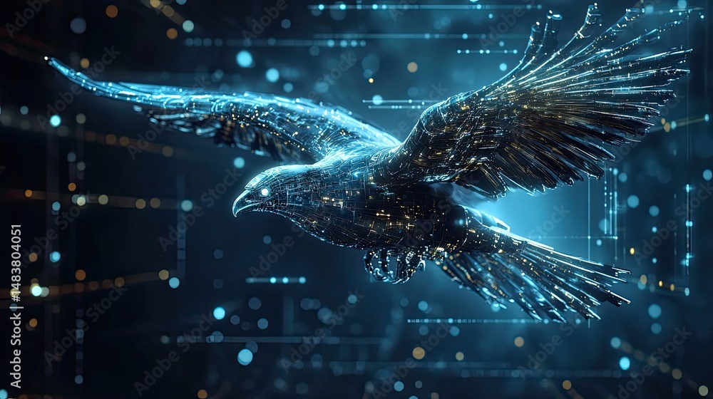 Poster artificial intelligence and futuristic tech concept, graphic of robotic bird flying with cyberspace 