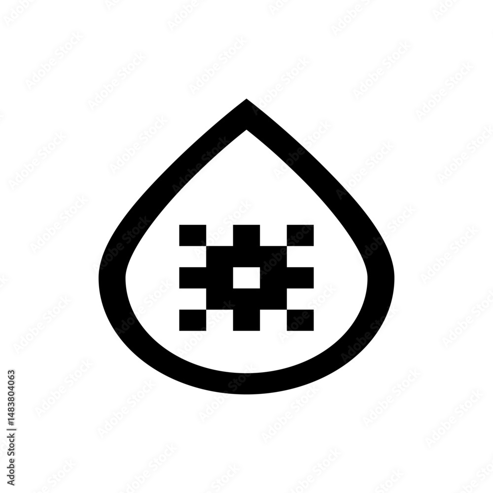 Poster illustration of a water drop shape containing a grid pattern with a central square in black and whit