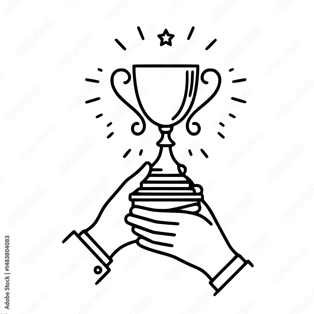 Poster hands holding a trophy with star decoration in a minimal line art style , single line contour vector
