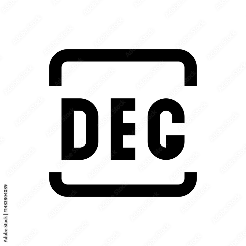 Poster illustration of the letters dec enclosed in a rounded rectangular frame in black and white color sch