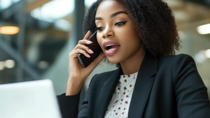 A woman is talking on her cell phone while sitting at a desk with a laptop. She is wearing a black suit and she is in a professional setting - Powered by Adobe