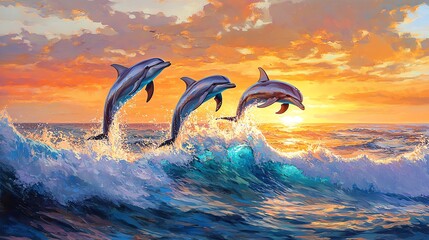 Sunset Dolphins Ocean Painting Illustration