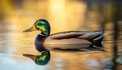 Obraz premium A male mallard duck swimming on a calm lake at sunset